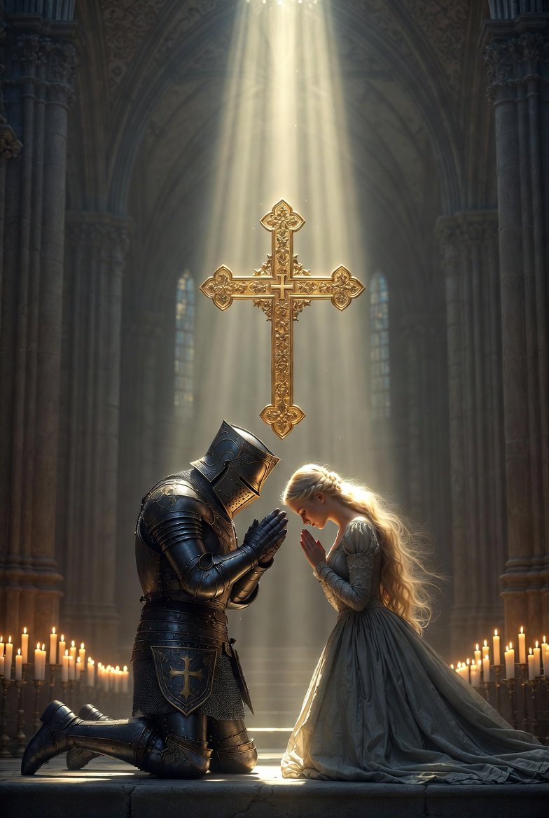 TexastwistEF5's tweet photo. "A Queen and her knight kneel together in humble prayer before the cross, their hearts united in reverence. In this sacred moment, their faith binds them closer as they seek the presence of the Divine. 🙏👑"

"For where two or three are gathered together in my name, there am I in the midst of them." Matthew 18:20