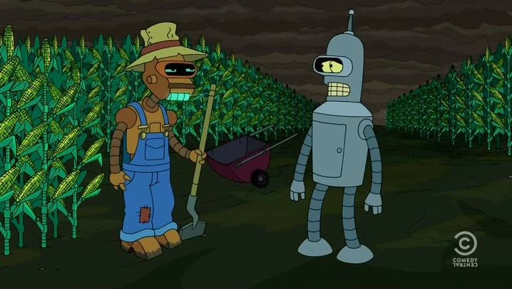 AshadowSparrow's tweet photo. @lippyent Futurama. Amy's Parents, the wong's, have said: "We own all of Mars". Then, there's the Farming Bot working on corn when Bender was searching for the free will unit. Farmer bot said "If you want to chat, do an honest day's work." Bender said: "I don't want to chat." https://t.co/hO6I3nnKyx