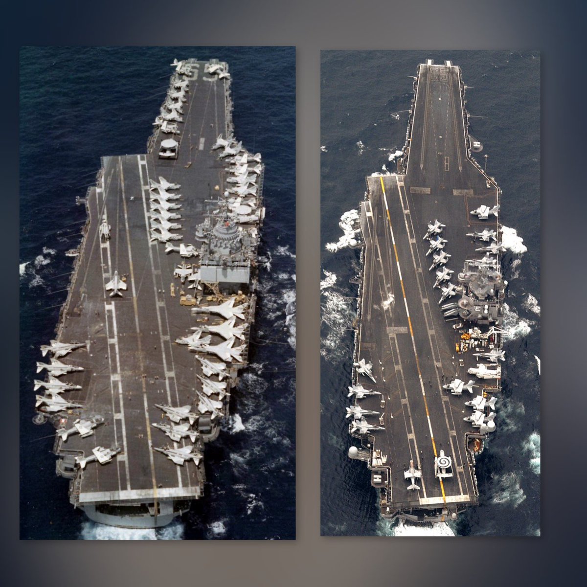 Boneyardsafari's tweet photo. A look back at USS Enterprise in the 70’s and then to the end of her career. Notice any difference, apart from SCANFAR removal. #ussenterprise #cvn65 #boneyardsafari #navalsafari https://t.co/0vzhi9WiWh