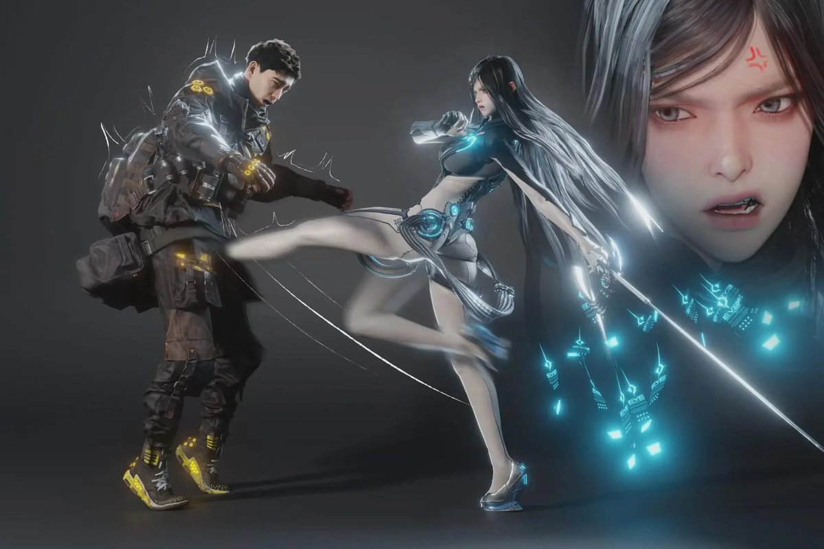 BelzebuEro's tweet photo. Considering she's an android, it's safe to conclude that Naytibas's testicles were destroyed! 

I remember he was the one who created EVE; he probably removed the data about Naytibas having balls from her system so he wouldn't get kicked in the balls again, lol.
#stellarblade https://t.co/r9ZvT39Oas