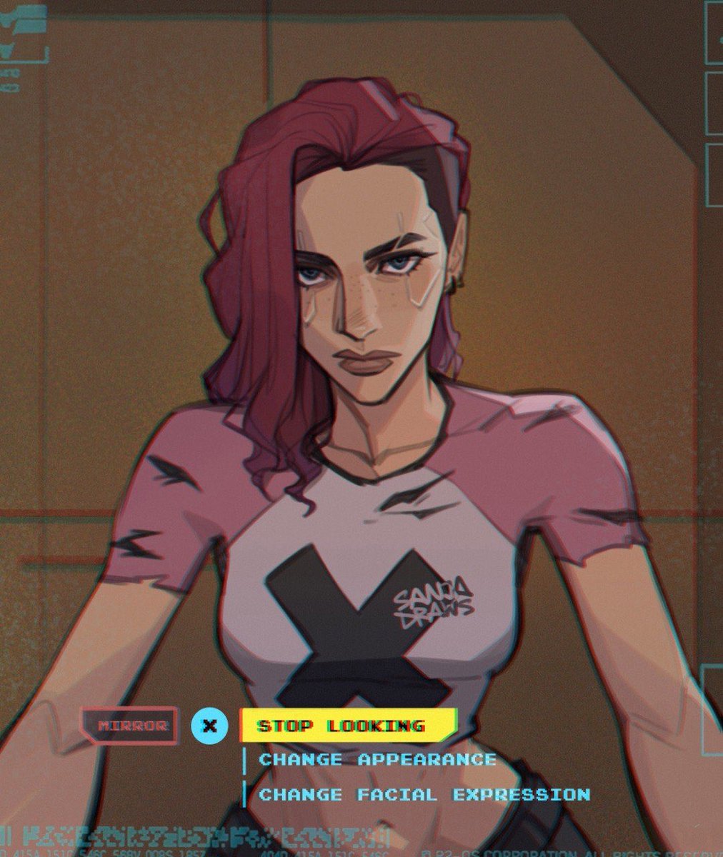 sanjadraws's tweet photo. another piece for the cyberpunk 2077 fans //
tried doing a redraw of my 2024 piece (4th slide), but got a bit carried away //
inspo: little_heathen (ig) // https://t.co/bzgS0VWj1N