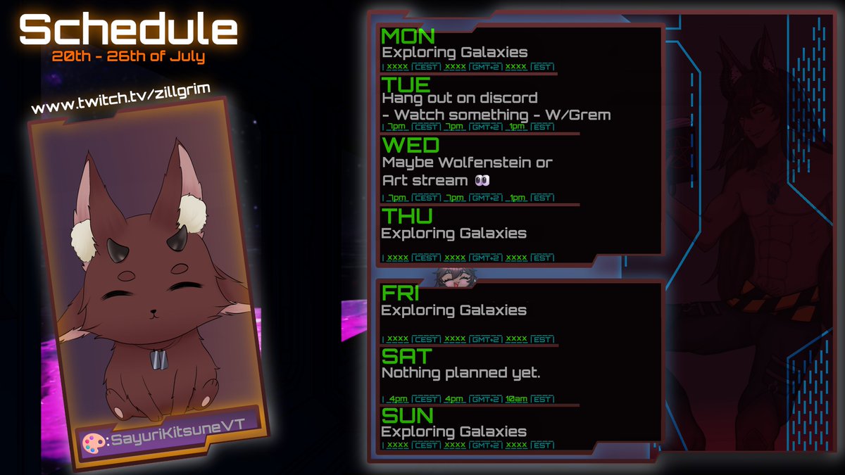 ZillGrim's tweet photo. #StreamSchedule time 👀
20th - 26th of July
💫Tue= Hang out with Grem - Discord
💫Wed= Wolfenstein or Art
💫Sat= Nothing planed yet
Showcase 🎨: @SayuriKitsun 🤍 https://t.co/stFhTjltb9