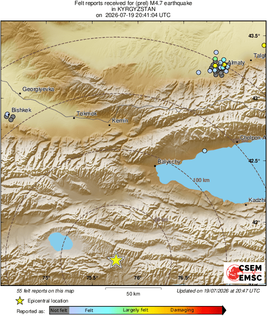 LastQuake's tweet photo. #Earthquake 35 km NW of #Naryn (#Kyrgyzstan) 7 min ago (local time 02:41:04). Colored dots represent local shaking &amp; damage level reported by eyeswitnesses. Share your experience via:
📱https://t.co/QMSpuj6Z2H
🌐https://t.co/neckaB8WAD https://t.co/2TkWuPyZXA