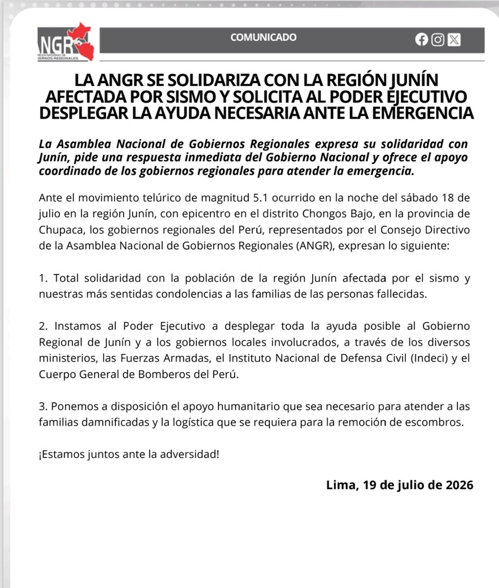 ANGR_Oficial's tweet photo. #Comunicado Juntos ante la adversidad. La @ANGR_Oficial se solidariza con la región Junín afectada por fuerte sismo e insta al Ejecutivo a reforzar el despliegue de toda la ayuda necesaria a la población damnificada. https://t.co/CvvsD35eh7
