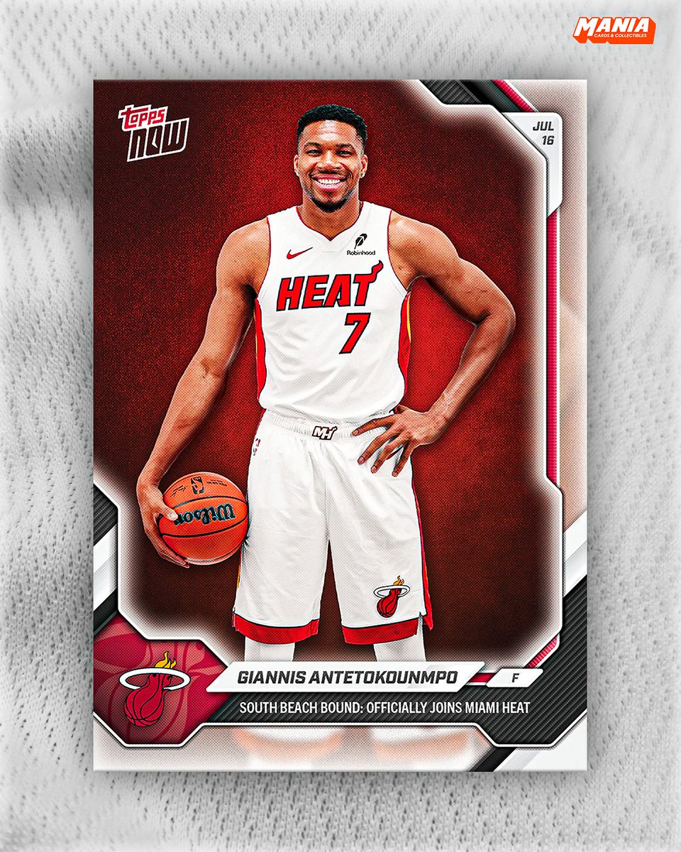 ManiaCollect's tweet photo. Giannis Antetokounmpo is officially a Miami Heat player,

and NOW has his first trading card for them 🔥 https://t.co/nmP9PaRnEk