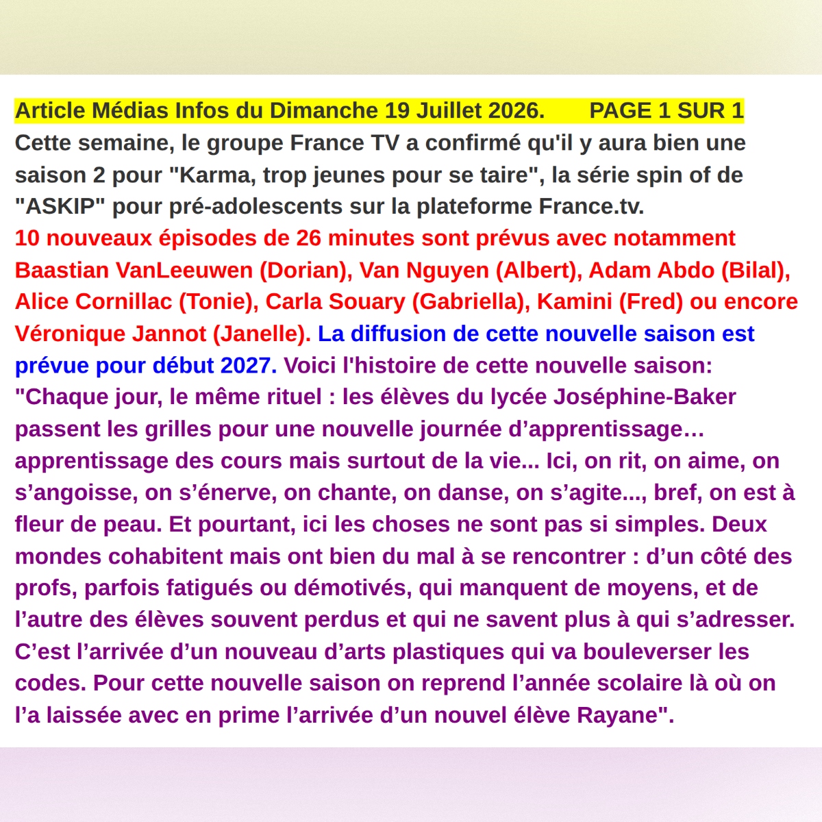 Mediasinfos's tweet photo. #FranceTélévisions a confirmé une saison 2 pour sa série "#Karma, trop jeunes pour se taire" avec notamment #Baastian de la #StarAcademy, #Kamini et #VéroniqueJannot. Retrouvez notre article ci-dessous et regardez l'annonce de cette saison 2 en vidéo ici: https://t.co/qL0xDP5Ob3 https://t.co/lbcxKoG7C4