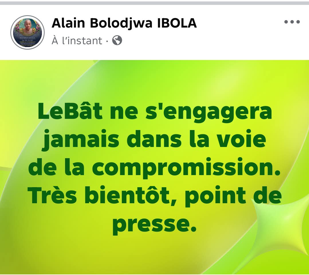 ABolodjwa's tweet photo. LeBât ne s'engagera jamais dans la voie de la compromission. Très bientôt, point de presse. https://t.co/Pkr7mUjycD