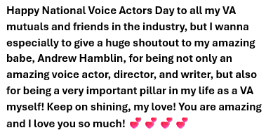 KookieStar_22's tweet photo. A very special message to my love, @HvaAndrew 💕💕💕
#NationalVoiceActorsDay #VoiceActor #VAday #VoiceOver #VoiceDub https://t.co/82Pd1T4huy