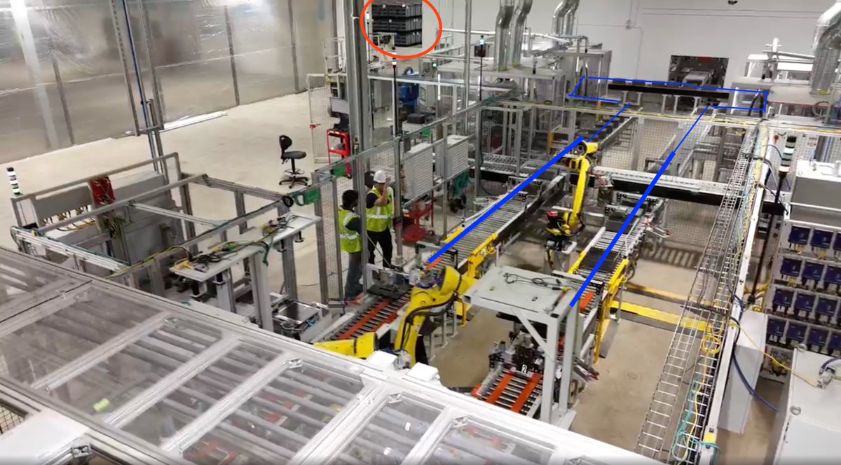 eosesetu98's tweet photo. @FreemyerGreg @bReynirk @EU_Debt_Clock $EOSE 
please look at the picture below for my assumptions and follow the blue lines, considered here as parallel conveyors
Picture is provided from June 16th Line 2 SAT @ TH
Video shows finished tubs flow from both conveyors to exit hole in the wall https://t.co/zCLuHu5AFY