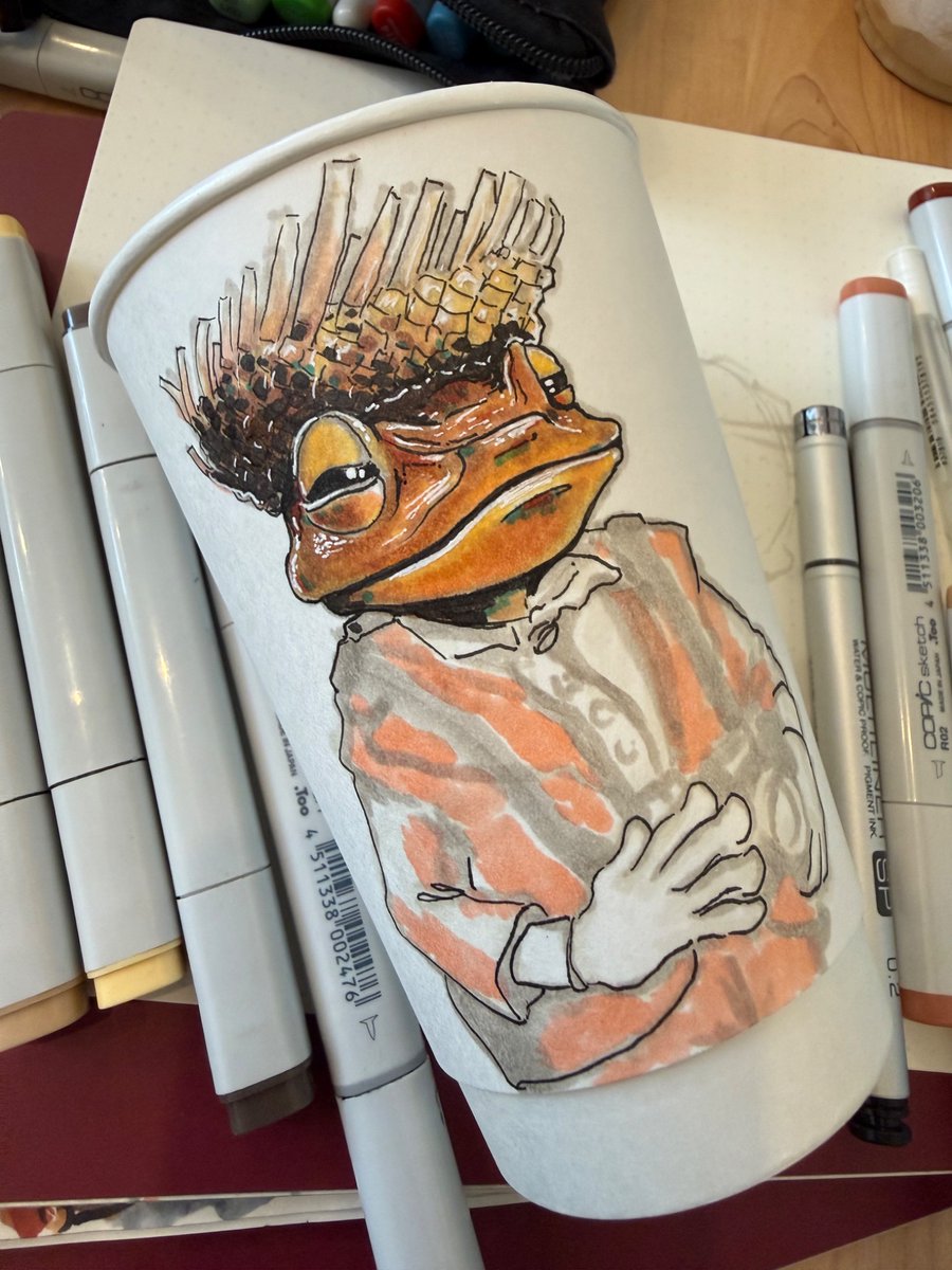 miggi's tweet photo. I drew El Sapo Concho 🇵🇷 while having my morning coffee today. #badbunny #achostudio #coffeecupart https://t.co/rWBXWEtI3i