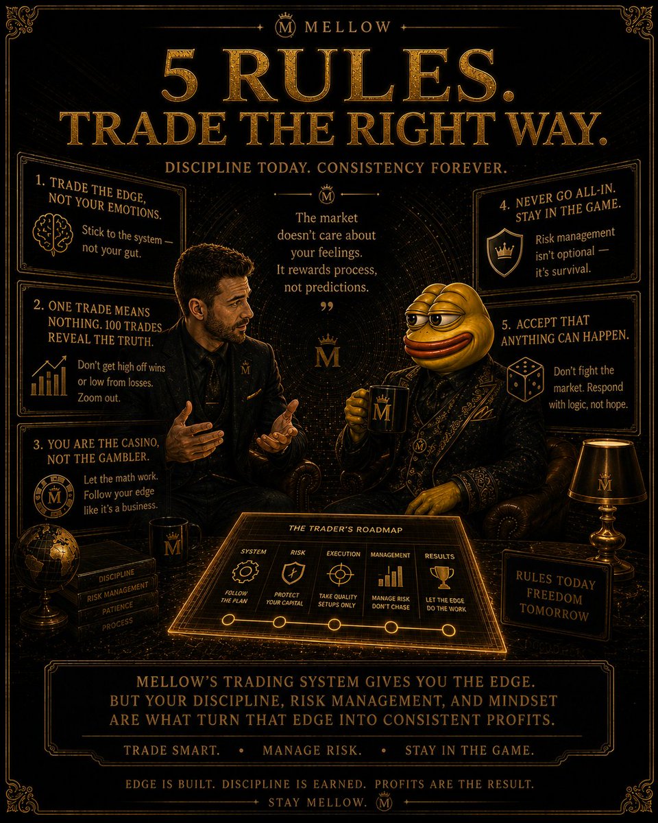 mellow0x69's tweet photo. Trading ain't about vibes, it's about surviving long enough to let your edge print. Here are 5 General rules every trader should tattoo on their brain:

1. Trade the edge, not your emotions.
Stick to the system — not your gut.

2. One trade means nothing. 100 trades reveal the truth.
Don't get high off wins or low from losses. Zoom out.

3. Be the casino, not the gambler.
Let the math work. Follow your edge like it's a business.

4. Never go all-in. Stay in the game.
Risk management isn't optional — it's survival.

5. Accept that anything can happen.
Don't fight the market. Respond with logic, not hope.

Mellow's Trading System gives you the edge. The rest is on you. Manage your risk, and let the system do its job. Stay disciplined, stack wins. 📈