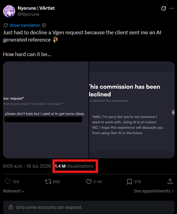 DovahkillerU's tweet photo. Do you seriously think it's a good idea to try to ridicule someone who asks you for a commission because they're providing you with an AI-generated reference?

Don't you see that the post had 1.4M views and only 3K likes, and you closed the comments because there were replies criticizing you that had thousands of likes?

And on top of that, you want to block anyone who doesn't agree with you.