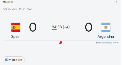 Sangtharii's tweet photo. 🚨 Spain and Argentina remain deadlocked at 0-0 after 90 minutes in the 2026 FIFA World Cup Final. No goals from either side so far. https://t.co/sJDtEhWkWJ
