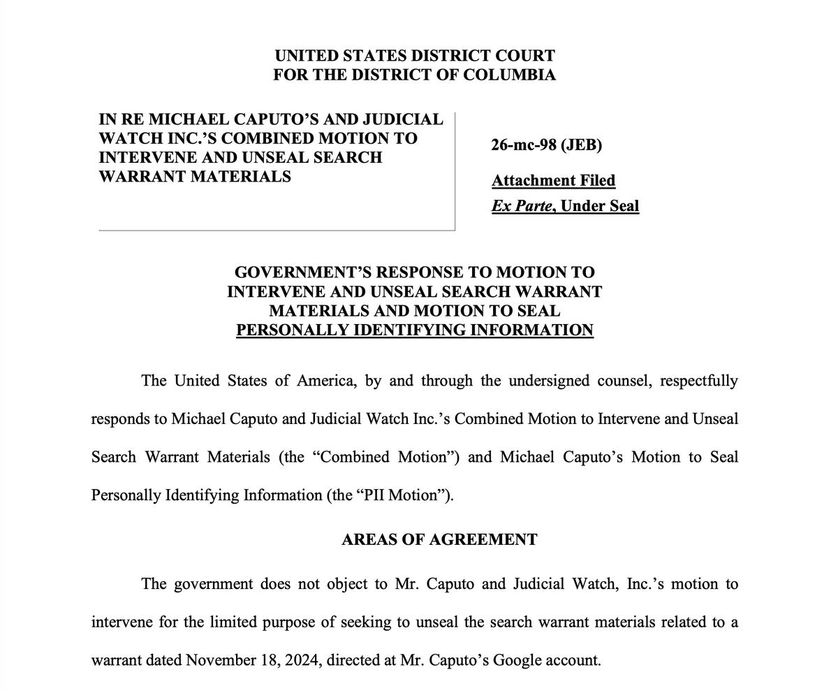 HansMahncke's tweet photo. On Friday, the DOJ filed a little-noticed response in the case brought by Michael Caputo seeking to unseal the fraudulent warrant used to spy on him during the second Trump administration (an abuse that is almost impossible to believe, especially given that it was still happening until very recently).

It now appears that the DOJ does not object to releasing the information, which could be highly revealing. Michael was already subjected to years of Mueller-era surveillance and investigations so the real question is what fake justification they created to target him this time.

It would not surprise me if they somehow used Andrii Telizhenko as their pretext, invoking the same fake narrative that Andrii was a Russian agent, that he was a source for Michael’s movie exposing corruption in Ukraine, and that therefore surveillance of Michael was somehow justified.