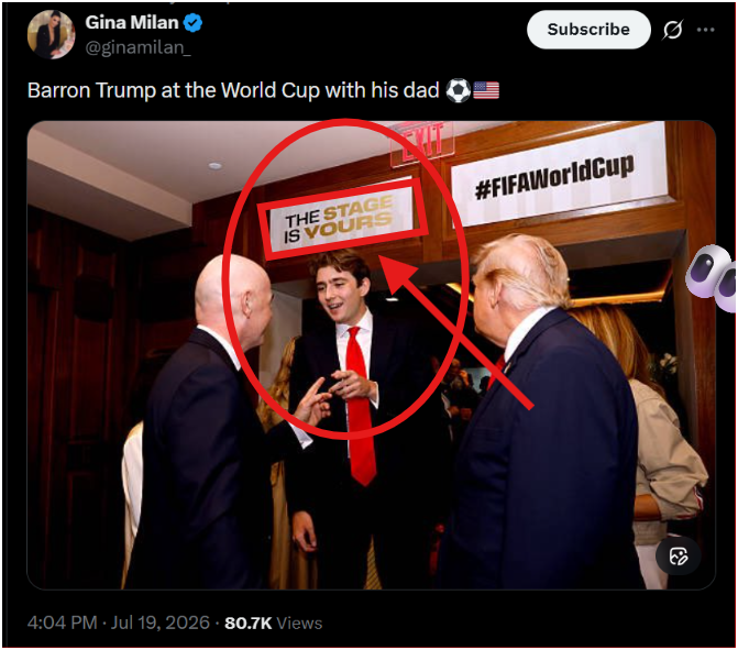 7thDean's tweet photo. Both Barron Trump and President Trump are wearing red ties today and when President Trump wears a red tie it is his power tie.👔👔💪

So you have both Baron and President Trump wearing red ties and Barron is under a banner that says "THE STAGE IS YOURS."😉🍿

This is not a coincidence, the world is watching and something big is about to break....👀🌎🙏