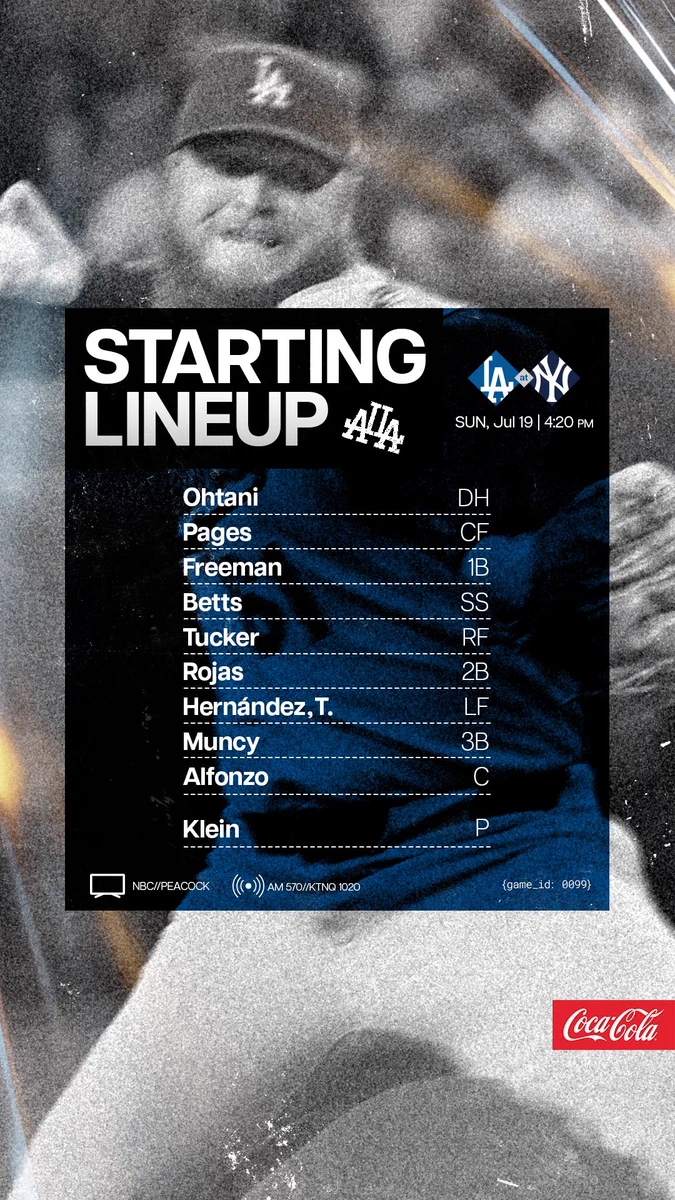 Today’s #Dodgers  doubleheader Game 2 lineup at Yankees:
Ohtani DH
Pages CF
Freeman 1B
Betts SS
Tucker RF
Rojas 2B
Hernández, T. LF
Muncy 3B
Alfonzo C
Klein P