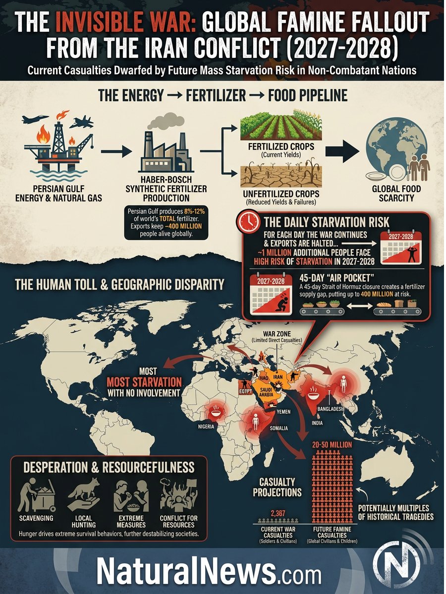 HealthRanger's tweet photo. Here’s a bombshell global famine analysis you haven’t heard anywhere else:

For each day that the war with Iran continues, about 400 million people will face a day with no food in the 2027-2028 time frame. (I will show you the math.)

Even more shockingly, MOST of the starvation and food desperation will occur in nations that have no involvement whatsoever in this war.

Thus, the current casualties on the ground, of U.S. soldiers, Iranians or Israelis, will be absolutely dwarfed by the number of famine casualties around the world (largely concentrated in SE Asia, Africa and some Middle Eastern countries such as Somalia).

Here’s the math:

It is broadly understood by most food scientists and agricultural analysts that synthetic fertilizers currently feed about half the world’s population: roughly 4 billion people.

If you conduct deep research on the percentage of synthetic fertilizer that comes out of the Persian Gulf, mostly via natural gas extraction and the Haber-Bosch process to create nitrogen-based fertilizers, you come to find that Persian Gulf fertilizer production accounts to 8% - 12% of the world’s total fertilizer production. (Most fertilizer is produced and consumed domestically and isn’t traded on international markets, so even though Persian Gulf exports as much as one-third of globally TRADED fertilizer, it only accounts for 8% - 12% of global fertilizer production.)

If we settle on 10% here, then we realize that Persian Gulf fertilizer exports keep about 400 million people alive around the world. Thus, end to end, one day of halted fertilizer exports results in around 400 million people not having food for one day, in the end. (The pipeline is long and convoluted due to growing seasons, food harvests, stored food supplies, and so on.)

Similarly, 10 days of continued closure means roughly about 400 million people having nothing to eat for 10 days. Now, we have to account for the fact that people don’t starve instantly. They can survive some period of time without food. This is typically limited to a few weeks. Few people can survive past 45 days without food. So unless food is redistributed from the food-abundant nations to the food-scarce nations, just 45 days of closure of the Strait of Hormuz creates an “air pocket” in the fertilizer supply chains that puts the lives of up to 400 million people at risk due to food scarcity, in its simplest form. But reality is more complex...

Especially when hungry, people are resourceful and most will take steps to avoid starving. There’s the cannibalism factor when people start eating each other, for example. That can keep some groups fed for a while longer, although the people they eat obviously won’t survive. Similarly, there will be much more local hunting of animals (even rats), dumpster diving, the eating of zoo animals, the neighbor’s cat, etc. When hungry, people will eat shoe laces, leather, tree bark, cardboard and all sorts of other things they normally wouldn’t eat, and when you see this behavior, you know things are bad.

There are also resourceful people who will refuse to die from starvation because they will hunt, kill and eat a variety of animals, or they will steal from grocery stores, hijack food delivery trucks, etc., in order to survive. And some food-abundant nations will make efforts to contribute food to those nations where famine is worsening. So I don’t think anywhere near 400 million people will actually die from starvation. The number might be much smaller, perhaps just one-tenth: 40 million. But even then, that number is shockingly far higher than any number currently in the minds of anyone in the mainstream media, the White House, the Pentagon, or even the UN.

Almost nobody realizes the long-term mass famine repercussions of this ongoing war, and how Trump’s actions are in effect risking the lives of potentially tens of millions of people IN THE FUTURE (next year, mostly), because of the long pipeline of energy → fertilizer → food. The energy is cut off today, the fertilizer runs out soon, and the famine kicks in not long after that.

This isn’t just a question of food costing more. It’s an issue of the food simply not existing because it’s not being grown due to the lack of fertilizer. Or crops that are grown produce far lower yields because of the lack of fertilizer. In a worst-case scenario, around 5% of the total global population could face high risk of famine in 2027-2028, or even longer if this war continues.

Put another way, Trump isn’t simply waging war on Iran. His war of choice is actually a war against the human race, and it’s a war against the innocent civilians and children in marginalized nations like Bangladesh, Somalia, Yemen, and even nations like India and Egypt where food security is dicey even in a good year. If not halted, Trump’s war could quite literally end up killing far more humans than the Holocaust of World War II. Multiples of that.

That’s the path we are currently on. Spread the word. Do your own research on this. Tell me why I’m wrong if you think I’m wrong. Tell me where the food is going to come from if the fertilizer doesn’t flow out of the Persian Gulf.

Because you can do all the research in the world, and it doesn’t change the facts on the ground. If the strait stays closed, the world begins to starve, and the starvation escalates dramatically in 2027 to the point where easily tens of millions of people will face the risk of dying from famine.

I will cover this in more detail in tomorrow's broadcast.