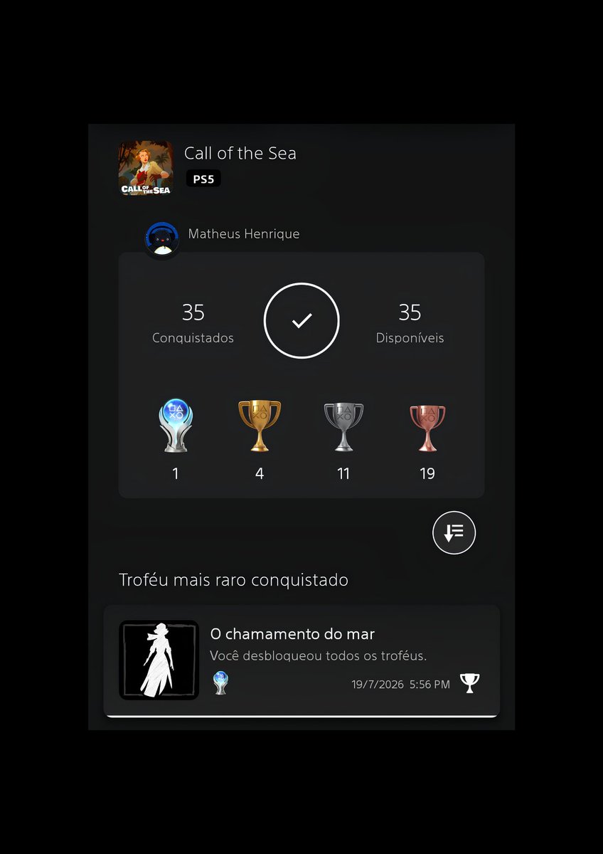 Pingun1sta's tweet photo. Platina #44/39° 2026

Call Of The Sea
O chamamento do mar (PLATINUM)

#PS5 #PS5SHARE #PlatinumTrophy #CalloftheSea

Minha Review:https://t.co/ygxezCw7iR https://t.co/cdla0ttZp5