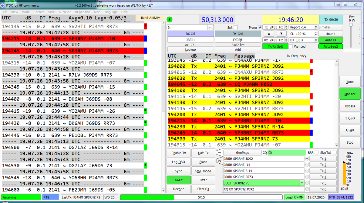 SP3RNZ's tweet photo. After quiet day, #SIX went crazy again.
Just ~18UTC band started to open into Caribbean area, later USA and is still OPEN after 3 hours.. Frans J69DS @FransJr has his own pipeline to EU ππ for 3+ hrs! Also #PJ4MM, #VP2MAA. #V26DS, #PV8DX were in. https://t.co/J0Lpxdt76y