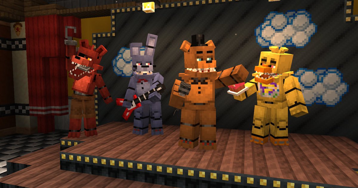 fnafmw's tweet photo. "Relive the Glory Days."
A look at Retro Freddy, Bonnie, Chica, and Foxy performing on stage !!
