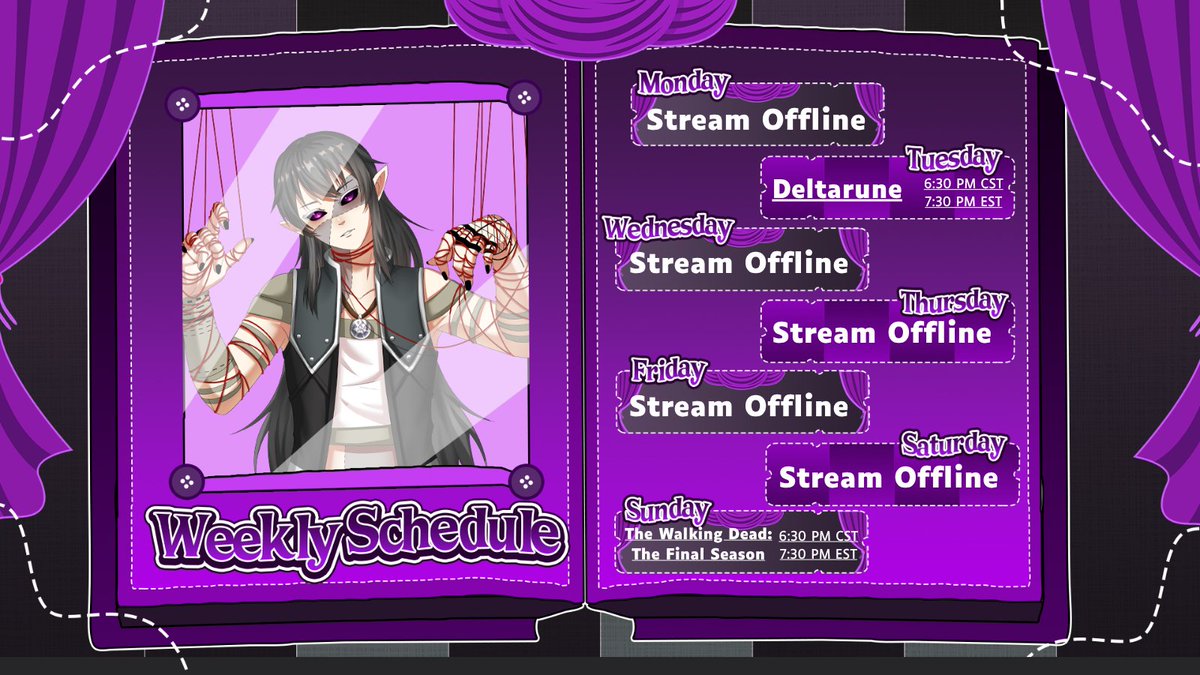 KeeperScripts's tweet photo. Schedule's up!

Back to two streams, I have some stuff on the go this week. Plenty of Deltarune left to play through, and we continue with the final season of Telltale's The Walking Dead as we pick up the pieces of the school

Have a great week! https://t.co/hGmSD2NWoU