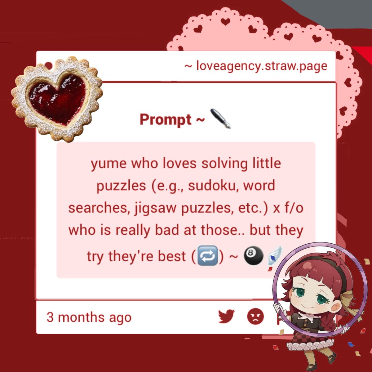 solvedbylove's tweet photo. ㅤㅤㅤ꒰  prompt submission ✒️/✉️  ꒱

yume who loves solving little puzzles x f/o who is really bad at those ! (☕️) https://t.co/2l6SqFWdXh