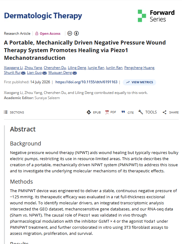isrmwr's tweet photo. Portable mechanically-driven negative pressure wound therapy system promotes healing via Piezo1 mechanotransduction. No external power needed. 89% closure by day 10 in preclinical study. #WoundCare #RegenerativeMedicine https://t.co/Qz5fg8eMRN