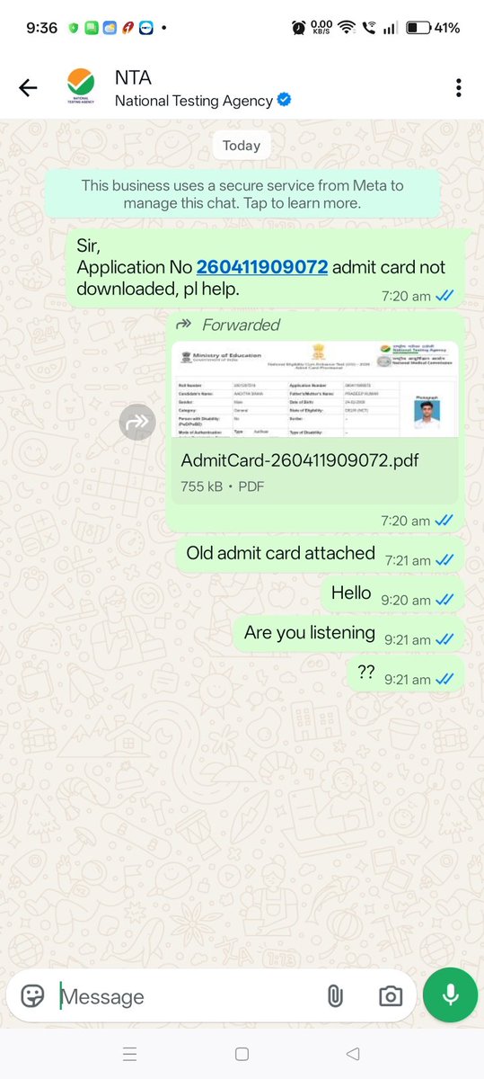 pardeepykumar's tweet photo. @vineetJindal19 Sir, please serve one notice from my side to deaf NTA. My son's admit card was not issued for re-NEET exam. Contacted multiple times to NTA before 21st June but they didn't issued without any reason. Complaint raised to PMO, they routed again to NTA. NTA again not listening. Help https://t.co/Eq0VMwvNEt