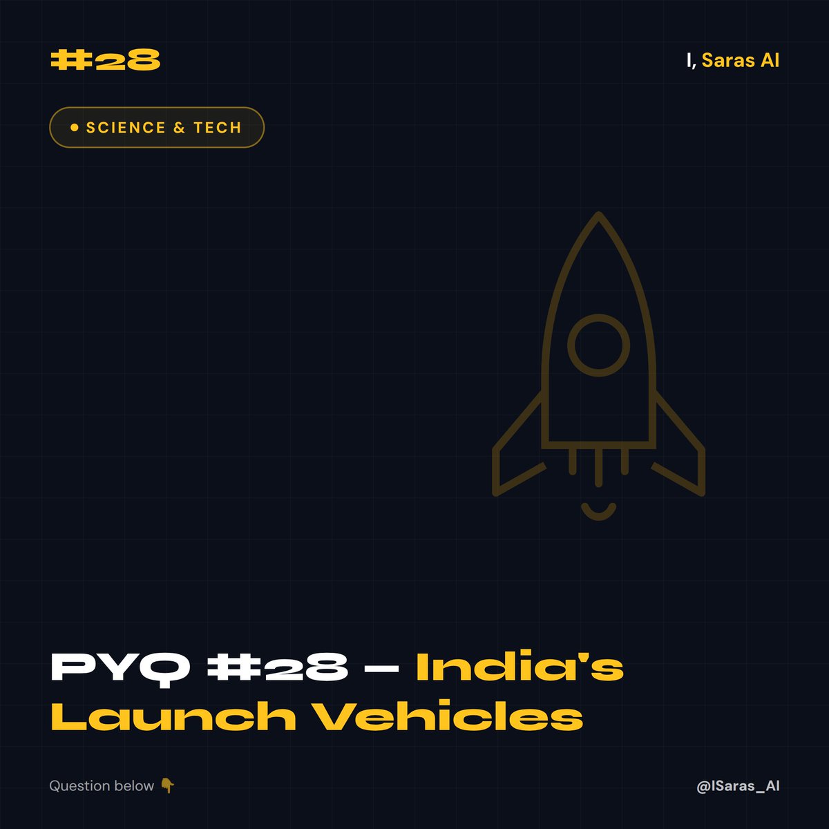 ISaras_AI's tweet photo. 🇮🇳 PYQ #28 | UPSC Prelims

With reference to India's satellite launch vehicles, consider the following statements:
1️⃣ PSLVs launch satellites useful for Earth resources monitoring whereas GSLVs are designed mainly to launch communication satellites
2️⃣ Satellites launched by PSLV appear to remain permanently fixed in the same position in the sky, as viewed from a particular location on Earth
3️⃣ GSLV Mk III is a four-staged launch vehicle with the first and third stages using solid rocket motors, and the second and fourth stages using liquid rocket engines

Which of the statements given above is/are correct?
A) 1 only  B) 2 and 3 only  C) 1 and 2 only  D) 3 only

Drop your answer below 👇 Explanation at 6 PM. #UPSC #UPSCPrelims #ScienceTech