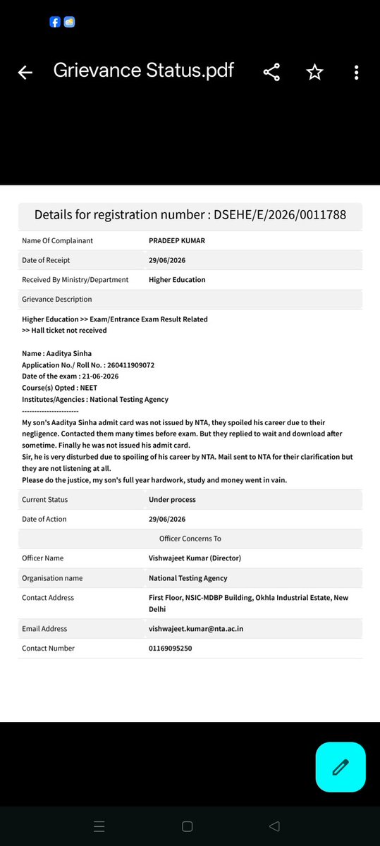 pardeepykumar's tweet photo. @vineetJindal19 Sir, please serve one notice from my side to deaf NTA. My son's admit card was not issued for re-NEET exam. Contacted multiple times to NTA before 21st June but they didn't issued without any reason. Complaint raised to PMO, they routed again to NTA. NTA again not listening. Help https://t.co/Eq0VMwvNEt