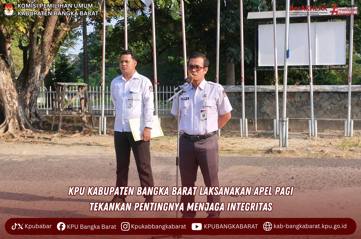 kpubabar's tweet photo. #seperadeksemue #temanpemilih 
Mentok - Komisi Pemilihan Umum (KPU) Kabupaten Bangka Barat melaksanakan apel pagi yang diikuti oleh seluruh jajaran sekretariat di halaman Kantor KPU Kabupaten Bangka Barat, Senin (20/07/2026). https://t.co/RtWT0UVV1C
