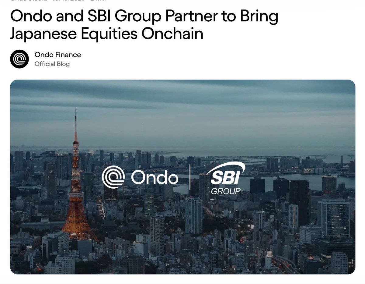 Xfinancebull's tweet photo. 🚨 WHY IS $ONDO WAKING UP FROM THE LOWS? THIS JAPAN DEAL DESERVES YOUR ATTENTION. 🚨

Ondo and SBI are not testing one small product. They are building the pieces needed to move Japanese equities onchain.

Japanese assets can be issued through Ondo Global Markets.

Ondo products can reach users across SBI’s ecosystem.

SBI’s JPYSC can become the yen settlement and collateral layer behind those assets.

Think about it simply.

The stock is the product.
SBI brings the audience.
JPYSC provides the onchain cash.
Ondo connects it all.

Japan has deep capital markets, major listed companies and millions of investors. Bringing those assets onto blockchain rails could make them easier to access, transfer and use as collateral.

Nothing guarantees a straight-line move.

But $ONDO has been priced like the RWA story slowed down. This partnership says the opposite.

The expansion is moving from U.S. assets into Japan, and the rebound may be the market noticing.

Are you holding $ONDO yet?