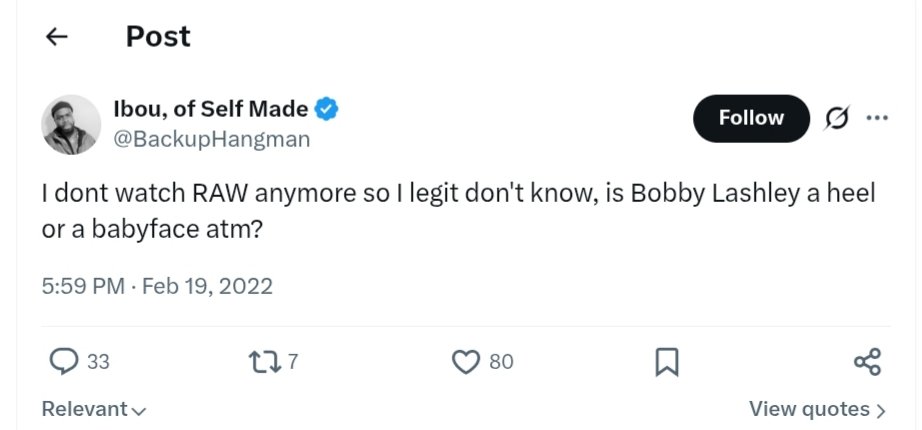 MrEddieGillette's tweet photo. I dont watch Dynamite anymore so I legit don't know, is Bobby Lashley a heel or a babyface atm?
Or even on Dynamite at all? https://t.co/MBhaY8IXRU