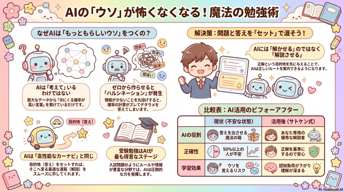 NoteSatouken's tweet photo. 高校生の生成AI利用率が8割を超える一方で、「間違った知識を教えられたらどうしよう…」と不安に感じる声も半数以上あるそうです。
勉強にAIを使うとき、ウソ（ハルシネーション）を防ぐには「AIへの頼み方」を少し変えてAIを頼れる相棒に変える方法をまとめました。

AIのウソが怖い中高生へ。情報への不安を減らす逆転の生成AI活用法
https://t.co/9l6KY5o5KJ