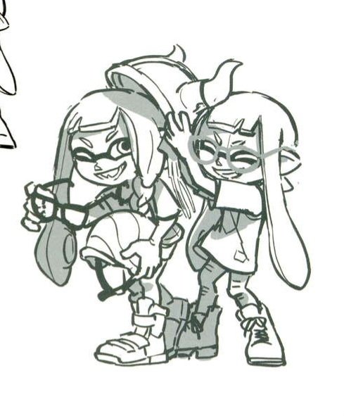 sami_squid's tweet photo. @ILovePromolings Reminds me of this sketch from S3 artbook. Inklings just like messing around with their friends' headgear, apparently https://t.co/q5w4qxmltd