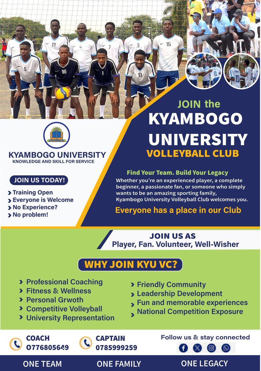 Kyambogobosses's tweet photo. 📢 KYU VOLLEYBALL CLUB RECRUITMENT! 📢

Are you a Kyambogo student? Come be part of something BIG! 

We are looking for:  
��� PLAYERS - Experienced or Beginners welcome  
👉 FANS - Come cheer us on  
👉 VOLUNTEERS &amp; WELL-WISHERS - Support the team https://t.co/xH3YzZy7X3