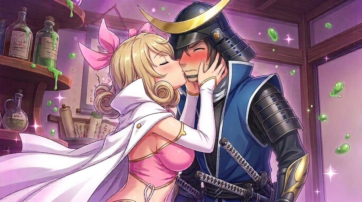 Crossover_head2's tweet photo. 【修正】
戦国BASARAの伊達政宗が閃乱カグラの春花様のDEATH×KISS(直接キスVer)を喰らっているAIイラスト完成しました！
#閃乱カグラ
#SenranKagura
#戦国BASARA
#キス
#AIArt
SFW Illustration https://t.co/YIDYj0hXFq