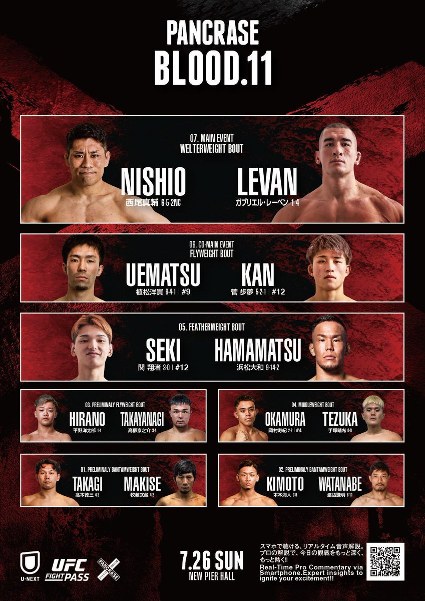 _PANCRASE_'s tweet photo. 🔥PANCRASE BLOOD.11🔥
ファイトオーダー📝
メインイベントは、西尾 vs レーベンの日仏マッスル対決🇯🇵🇫🇷💪
注目カード多数の全7試合🔥
#pancraseblood11
🗓️7月26日(日)
🏟️ニューピアホール
▶️@UNEXT_fight  &amp; @UFCFightPass https://t.co/B7XfxqL3BP