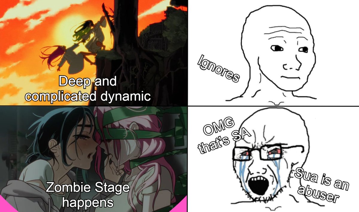 suchine_toki's tweet photo. You're not supposed to look at Zombie Stage in a vacuum 😭 they're the same characters for a reason... Please take the previous writing into account, this is clearly meant to round them out more and zomst is actually doing wonders for Sua's character https://t.co/nVKPois2SN