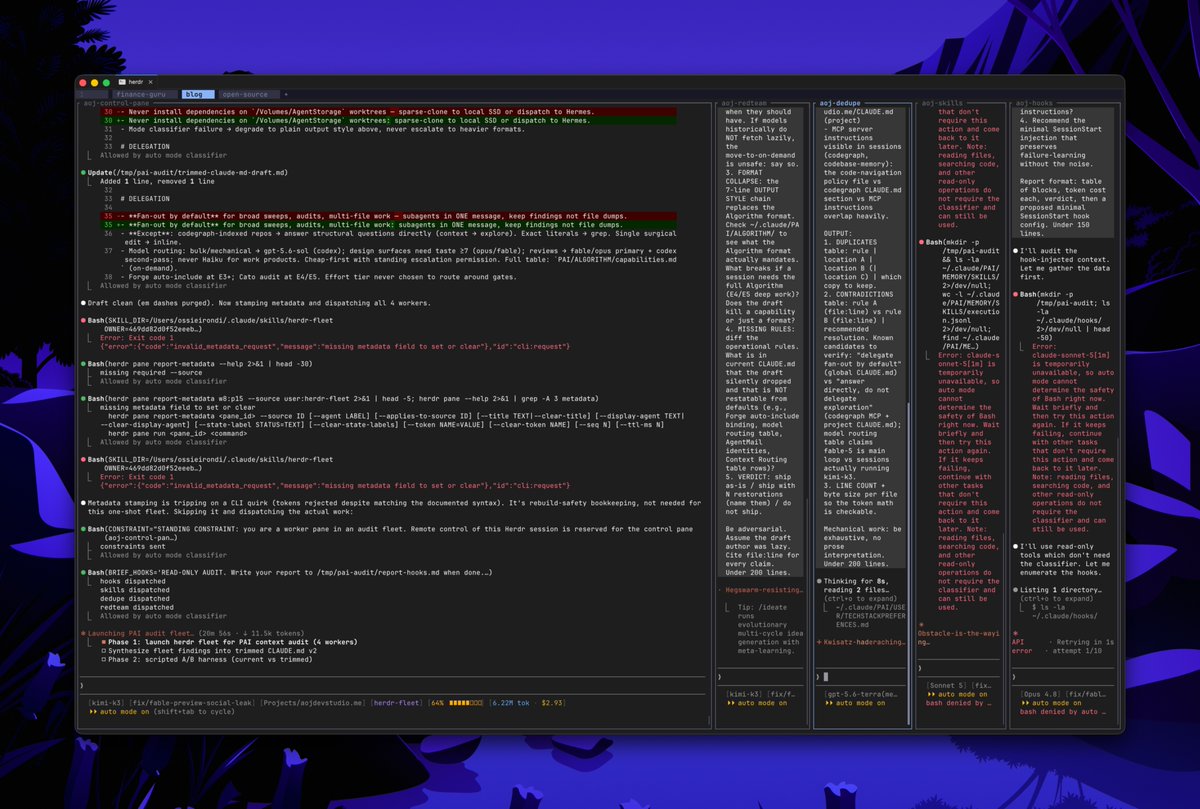 AojDevStudi0's tweet photo. The Herdr Fleet skill in action with Kimi K3 being the orchestrator. This should be loads of fun. https://t.co/YGsDIV6nwK