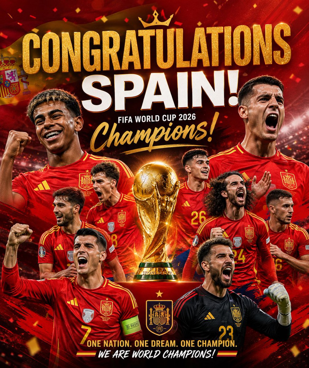 mandbaljit's tweet photo. 🏆 Congrats to Spain on becoming FIFA World Cup Champions! 🇪🇸

A well-deserved victory built on discipline, teamwork, and exceptional quality throughout the tournament.

Credit also to the runners-up for an outstanding campaign and a hard-fought final.

Congratulations, Spain! 🌍 https://t.co/MINLW1LyNq