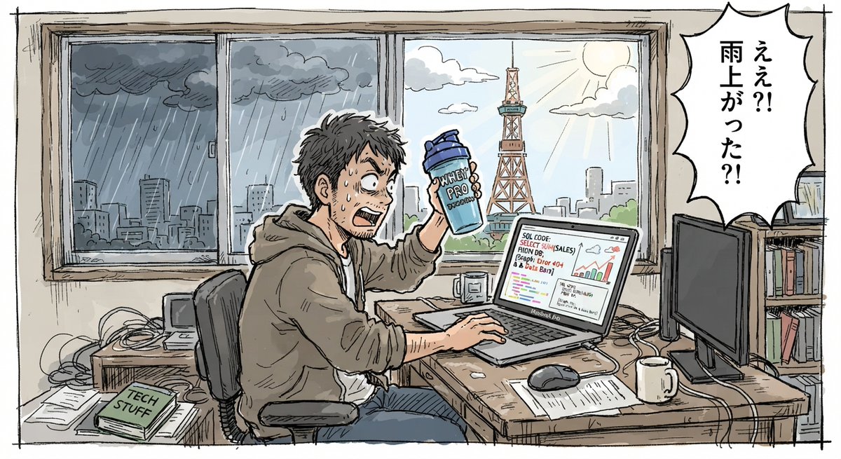etky_engineer's tweet photo. 札幌は朝の雨から晴れてきた。週始めの月曜、受託案件のPostgreSQL負荷対策でDBeaverと格闘中。スロークエリを削ってDBのボトルネックを解消しつつ、プロテインを飲んで自分（筋肉量）のボトルネックも改善していく。 #まっちょ #エンジニア #まっちょ探してます https://t.co/VVWu3RUeib