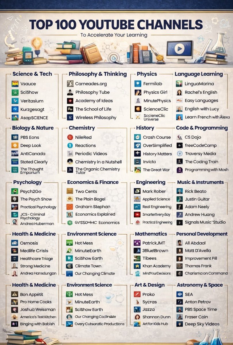 ameliahazelai's tweet photo. 100 YouTube Channels That’ll Actually Make You Smarter 🎯

If you’re serious about learning faster (without boring textbooks), this list is gold.

From science and tech to psychology, finance, and creativity these channels cover it all:

🔬 Science & Tech

• Vsauce: https://t.co/7kTD638Y7E
• SciShow: https://t.co/sgRMleyMZs
• Veritasium: https://t.co/1sGWvOib36
• Kurzgesagt: https://t.co/cqeKgCnsNv
• AsapSCIENCE: https://t.co/Kz3EmQfTkd

🧠 Philosophy & Thinking

• https://t.co/lxsYU0GtB9: https://t.co/uwKwY450jy…
• Philosophy Tube: https://t.co/qtP48mgKVM
• Academy of Ideas: https://t.co/PykVKAvmkU
• The School of Life: https://t.co/pcoqPyEJKe…
• Wireless Philosophy: https://t.co/hFQsXFD66N…

⚛️ Physics

• Fermilab: https://t.co/M3cOIcq3gG
• Physics Girl: https://t.co/cGheNtkKV3
• MinutePhysics: https://t.co/zyesk6bQdN
• ScienceClic English: https://t.co/fzD1w6yUmO
• Scienceclic Universe: https://t.co/f70skjisDm…

💻 Code & Programming

• freeCodeCamp: https://t.co/NtgWP6vd7f
• Traversy Media: https://t.co/pwhSQ28bDo
• Programming with Mosh: https://t.co/xOGRQShxGY…
• The Coding Train: https://t.co/XyrUIj0sX4
• CS Dojo: https://t.co/zzbk2MZorz

📈 Economics & Finance

• Two Cents: https://t.co/0bi4z1LAth
• Graham Stephan: https://t.co/QEEbt159gg
• Economics Explained: https://t.co/EADxblNqO9…
• The Plain Bagel: https://t.co/VFGhf2cd4c

🧮 Mathematics

• 3Blue1Brown: https://t.co/qaaE29pKLj
• Khan Academy: https://t.co/bSeSyCBPDa
• PatrickJMT: https://t.co/9SxpVDH4hA
• Tibees: https://t.co/GpW22YYoc2

🚀 Astronomy & Space

• SEA: https://t.co/AzRluzxgKQ
• PBS Space Time: https://t.co/UnWLBvPu2I
• Anton Petrov: https://t.co/ORYR2sfuIJ
• Fraser Cain: https://t.co/AcRgfkfuJx

🎨 Art & Design
• Proko: https://t.co/J8ATM3FodB
• Jazza: https://t.co/MnABRJa0hH
• Sycra: https://t.co/mGKTdgYJm2

🧩 Psychology & Personal Growth

• Psych2Go: https://t.co/53CPGYKteR
• Andrew Huberman: https://t.co/AmrmQ9C25R
• Ali Abdaal: https://t.co/FVbHyXznTf
• Matt D’Avella: https://t.co/K7fAvbeC02

The internet is full of distractions.

But it’s also one of the greatest universities ever created if you follow the right creators.

📌 Save this you’ll keep coming back to it.

Which YouTube channel has taught you the most? 👇

Follow me @ameliahazelai for more.