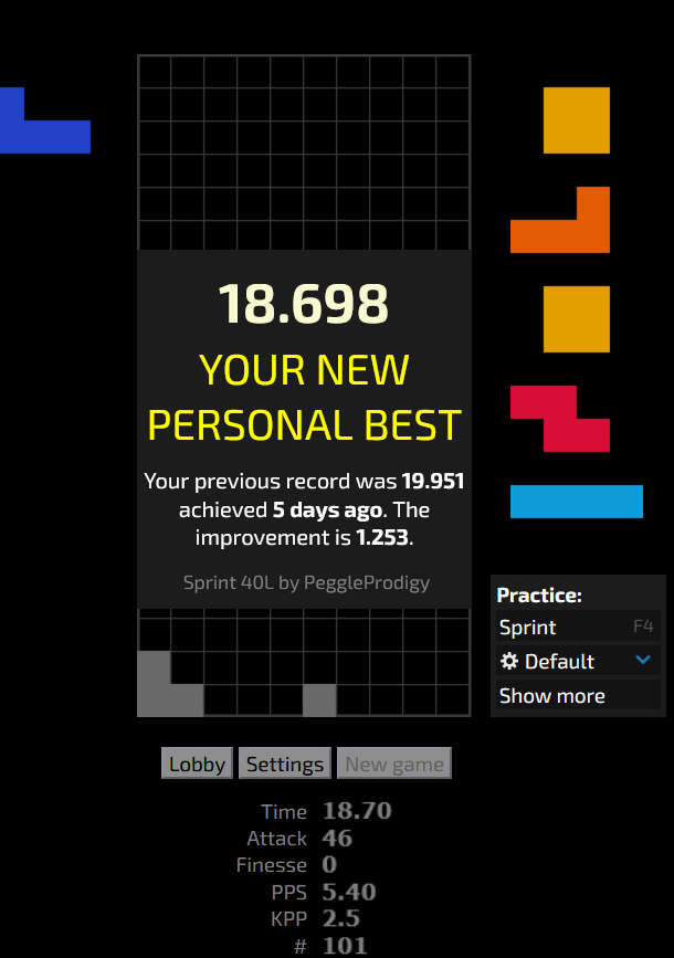 PeggleProdigy11's tweet photo. I pb'ed on jstris! my previous record was 19.052 on tetrio 17 months ago!! new best: 18.698
this is my first time being featured in the achievements channel https://t.co/Gzx9BynvJE