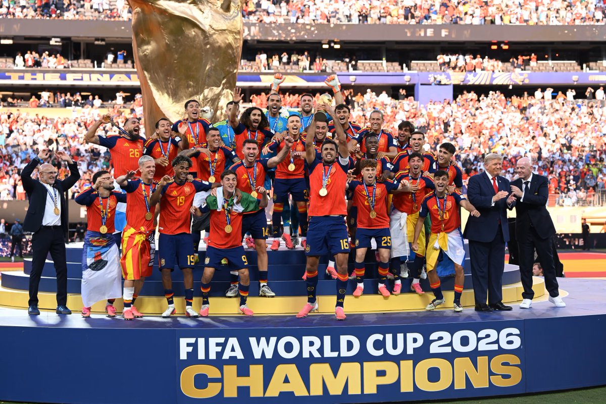 AzharMasood786's tweet photo. 🚨BREAKING: Spain are FIFA World Cup 2026 Champions! 🏆🇪🇸La Roja ended a 16-year wait for World Cup glory, defeating defending champions Argentina 1-0 after extra time. Congratulations, Spain! 
#FIFAWorldCup2026 #Spain #LaRoja #WorldCupFinal #Argentina #LionelMessi #FerranTorres https://t.co/CsmZm5SK2t