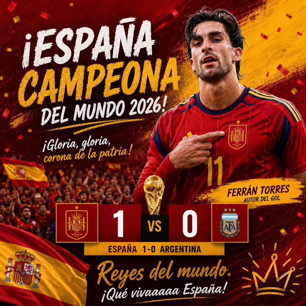 andreina's tweet photo. Una victoria bien ganada... 
España dominó todo el partido contra una Argentina que nunca se despertó.
O mejor dicho, una Argentina en la que sólo jugó el arquero, Dibu Martínez. Pobrecito, se echó el equipo completo al hombro... pero no fue suficiente.
Messi no brilló como esperábamos... 🥲
España disparó mil veces al arco hasta que se ganó su trofeo.
¡Enhorabuena! 🇪🇸

#Mundial #worldcup #CoupeDuMonde