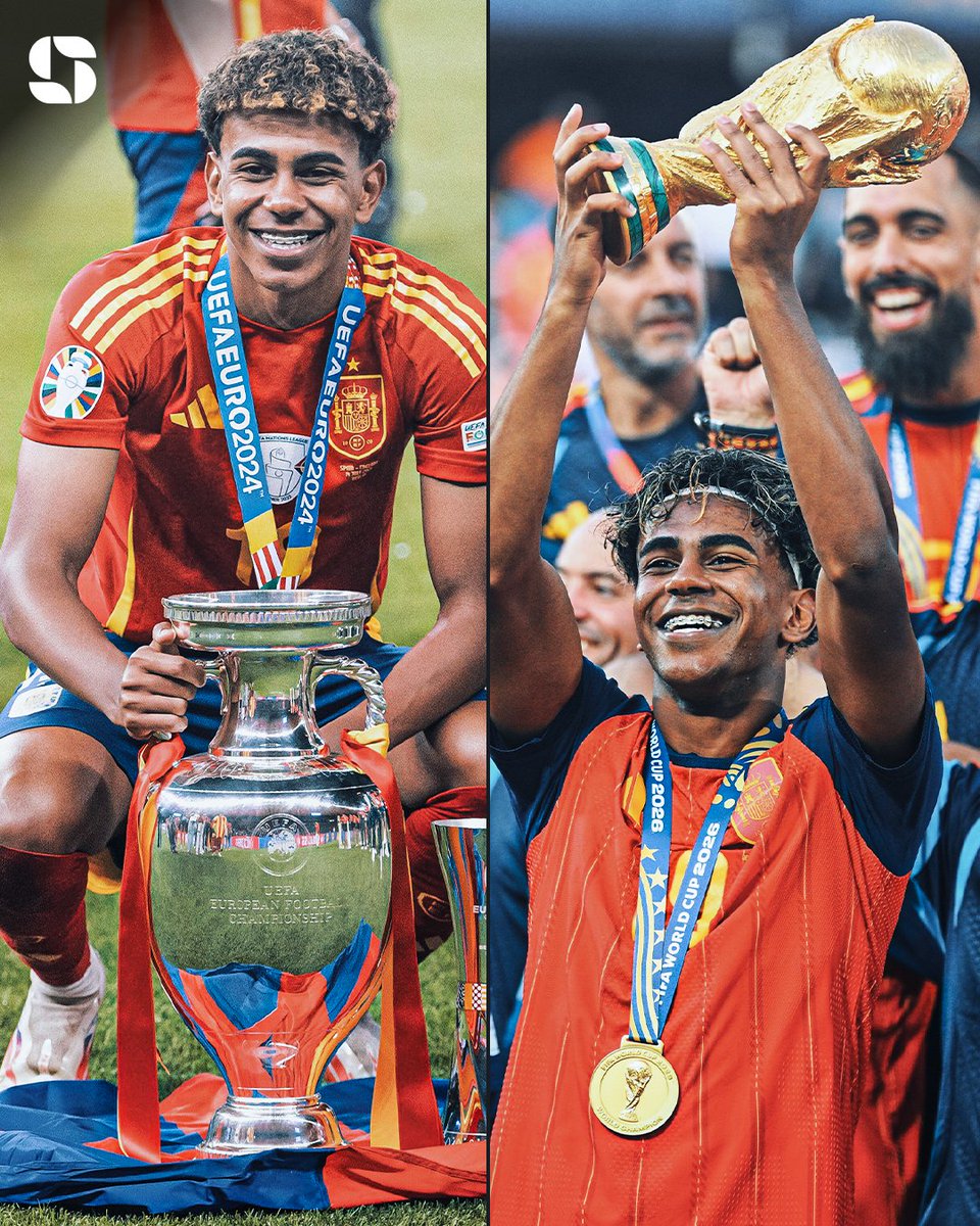 Squawka's tweet photo. Lamine Yamal is the first ever teenager to win both the UEFA European Championships and the FIFA World Cup.  

He’s completed international football at just 19 years old. 🏆🏆 https://t.co/yS1uagiVVY