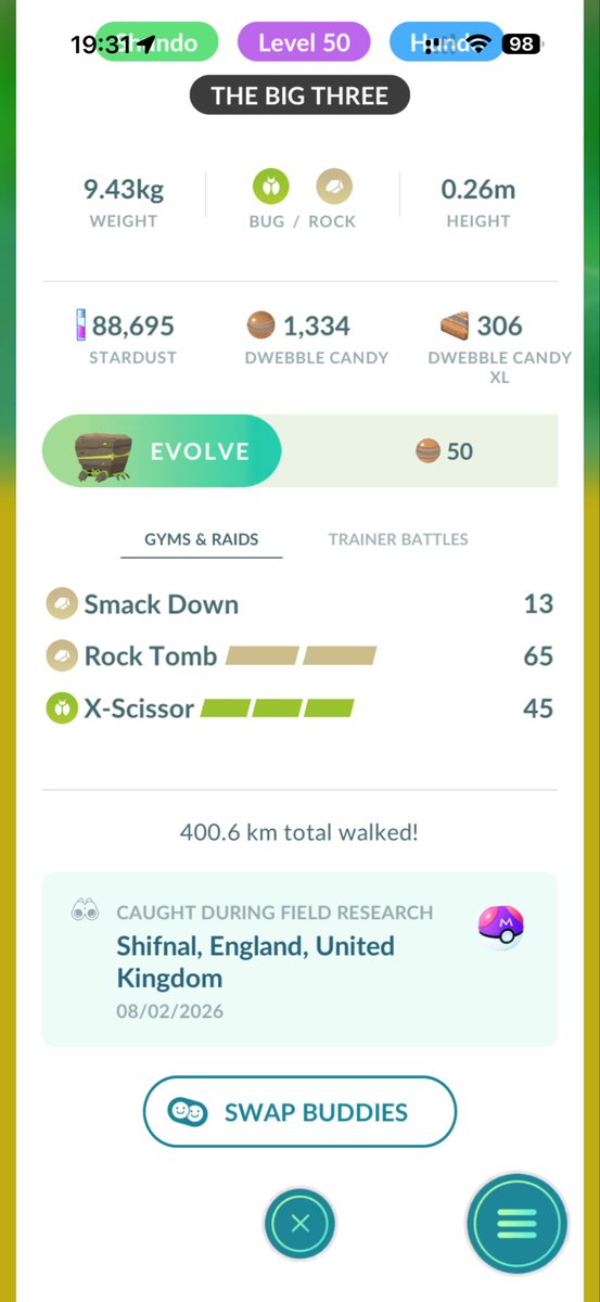 MasterPinkTT's tweet photo. I’m finally finished with my bottle cap tasks meaning I got my 13th shundo I bottle capped Dwebble because it was master balled by my grandad the last time I saw him before he passed away to blood cancer #pokemongo #pokemon #bottlecap #shundo https://t.co/QqDGplckNm