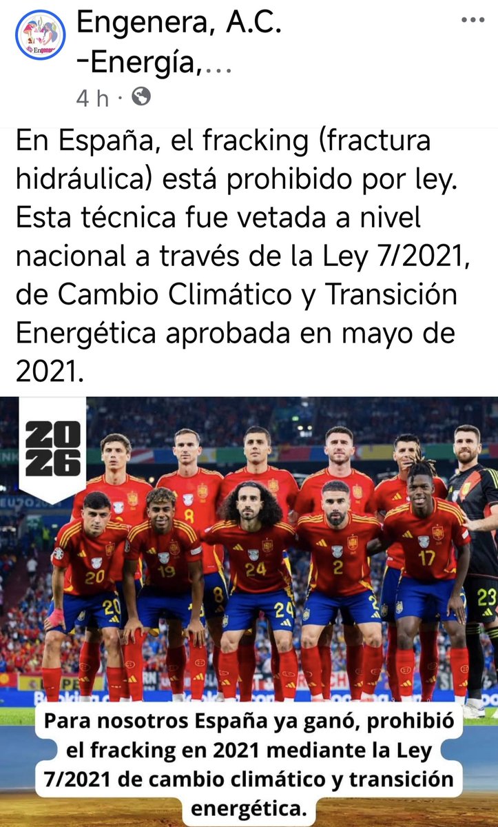 AreliSandovalT's tweet photo. #copamundialdefútbol Como bien dice @Engenera_AC: en España el fracking está prohibido por la Ley 7/2021 de Cambio Climático y Transición Energética aprobada en mayo de 2021. ¿Y México cuándo protegerá los #DDHH? Es su obligación presidenta @Claudiashein #ProhíbanFrackingYA https://t.co/7Oy0cOcvg9