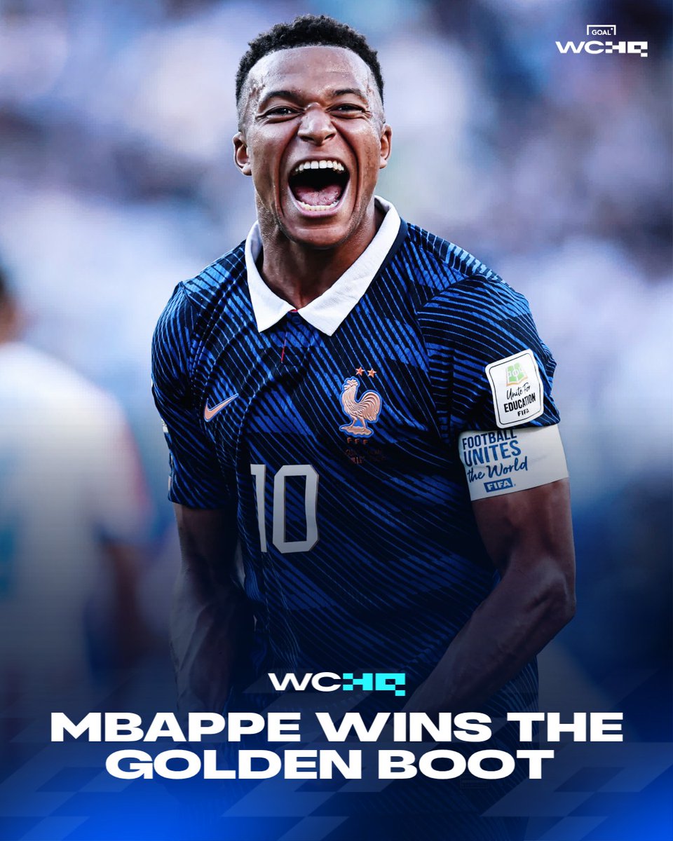 goal's tweet photo. Kylian Mbappe is the Golden Boot winner! 🇫🇷 🤩

⚽️ 10 goals scored  in the 2026 World Cup
📆 Leading goalscorer in World Cup history (22 goals)

What a tournament! 🔥 https://t.co/OxEbGvAqzh